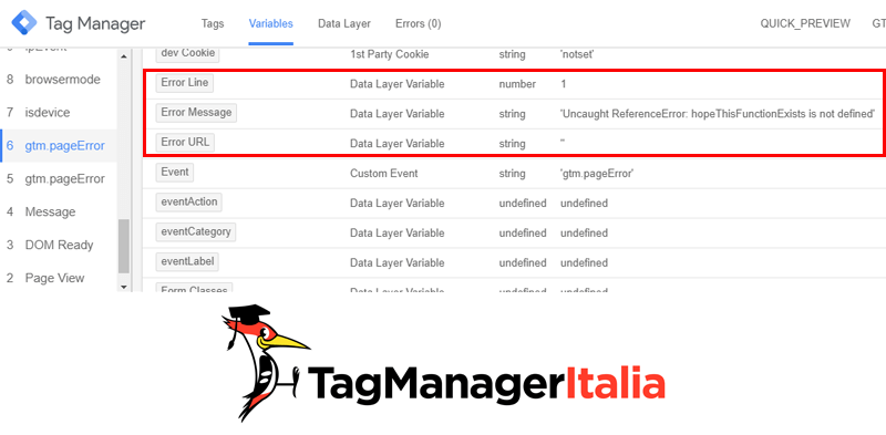 verifica variabili errore javascript di google tag manager