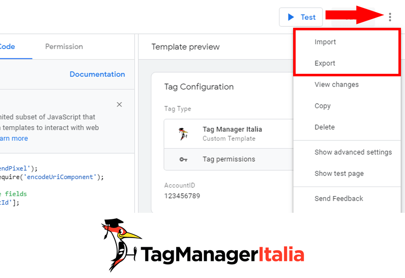 gtm template editor import and export dei modelli