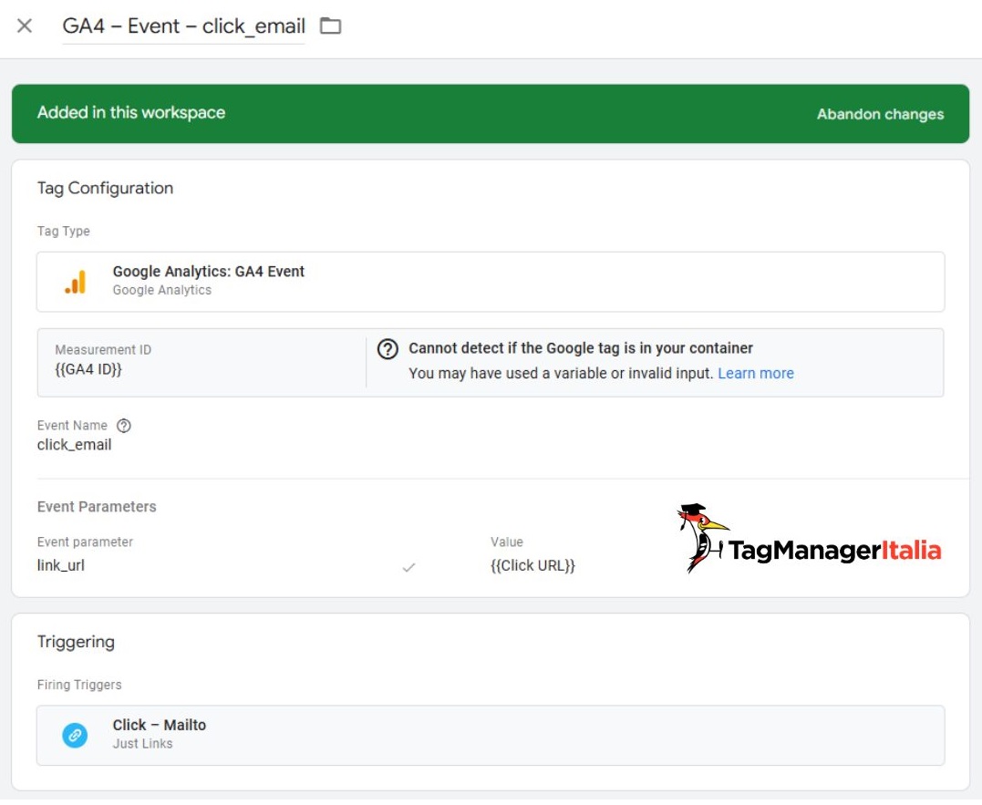 Creazione tag evento di Google Analytics 4 tracking click link mailto - Guida Tag Manager Italia