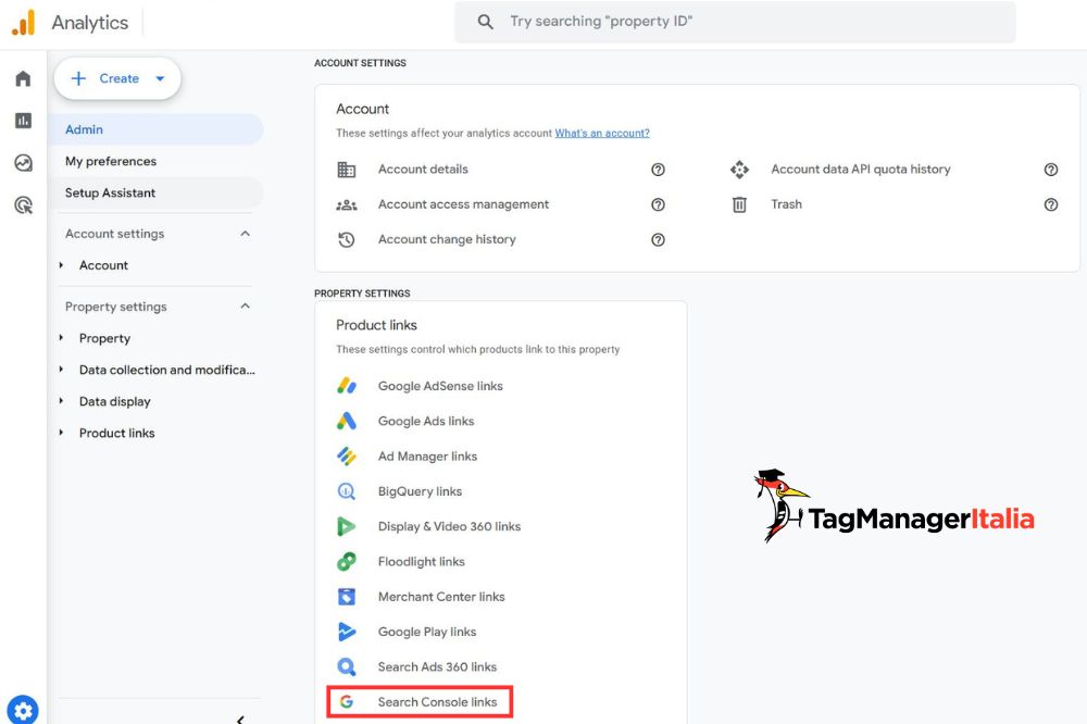 Schermata opzioni Product Link proprietà Google Analytics 4
