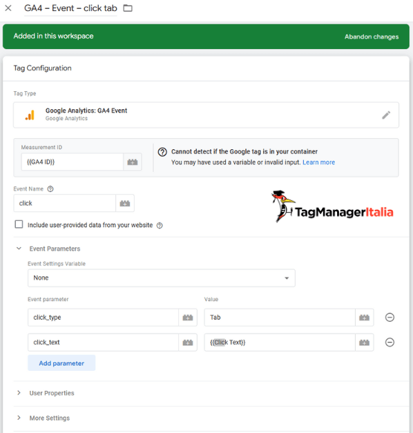 Configurazione evento tracciamento GA4 click tab sito web con Google Tag Manager