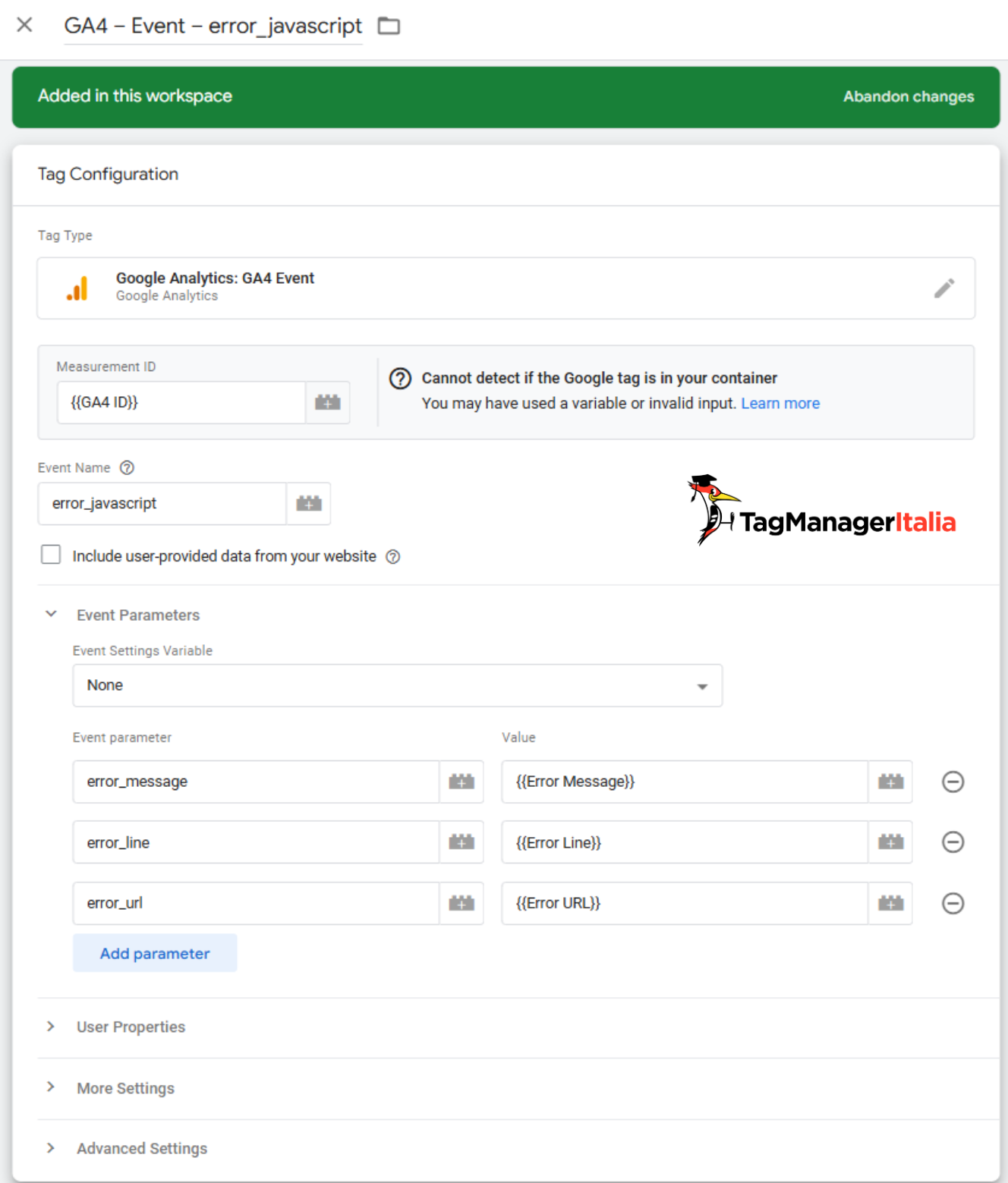 Configurazione evento tracciamento GA4 errori javascript con Google Tag Manager