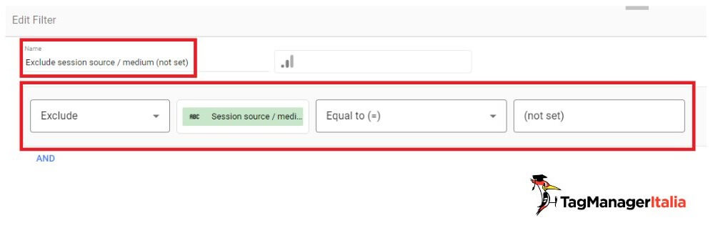 Dettaglio creazione filtro esclusione valori (not set) dimensione source-medium report Looker Studio