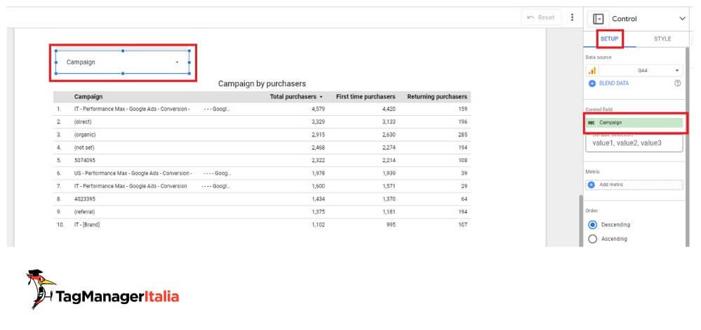 Dettaglio impostazione dimensione campo filtro drop-down list ricerca campagne advertising acquisti e ricavi ecommerce report Looker Studio