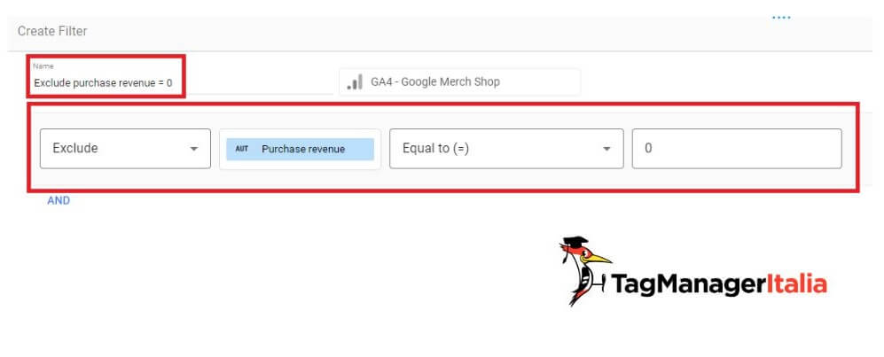Dettaglio creazione filtro esclusione dati ricavi acquisti ecommerce a zero report Looker Studio