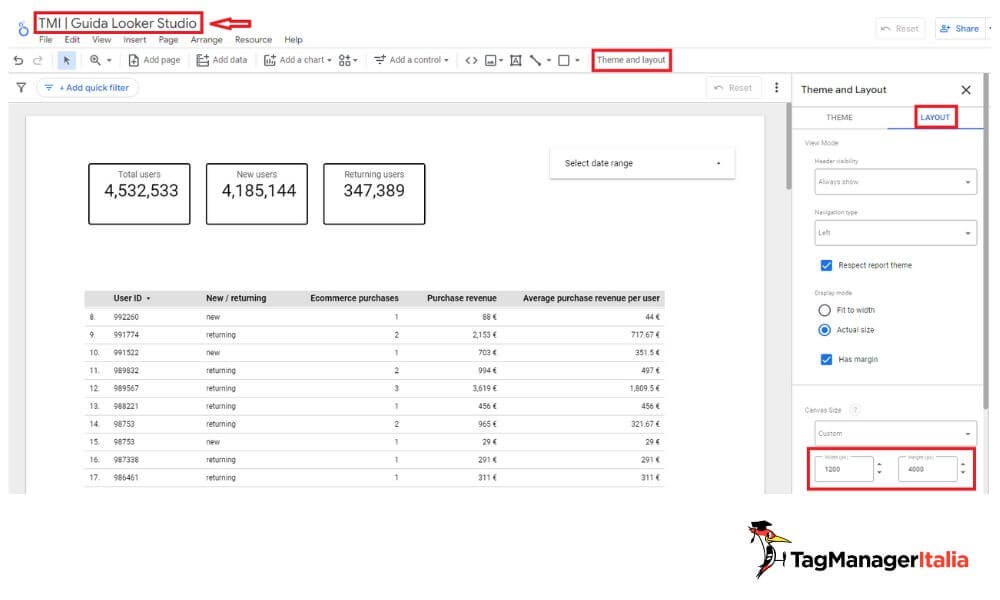 Impostare dimensioni foglio report Looker Studio