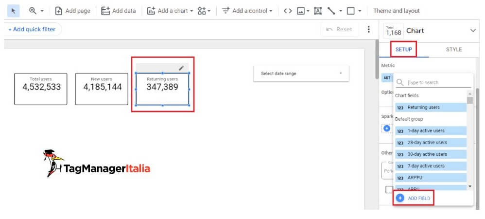 Impostare filtro metrica scorecard calcolo dati utenti di ritorno report Looker Studio