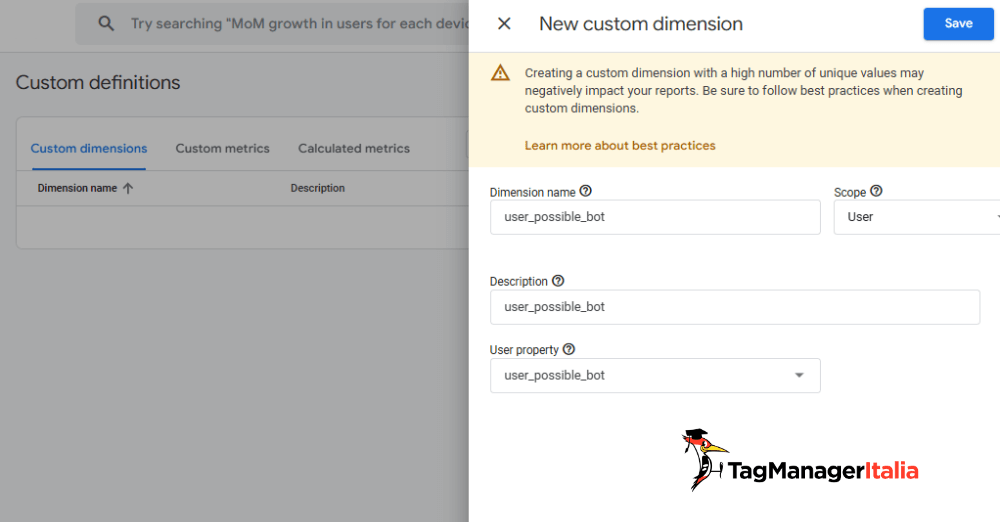 Creazione custom dimension analisi traffico bot GA4