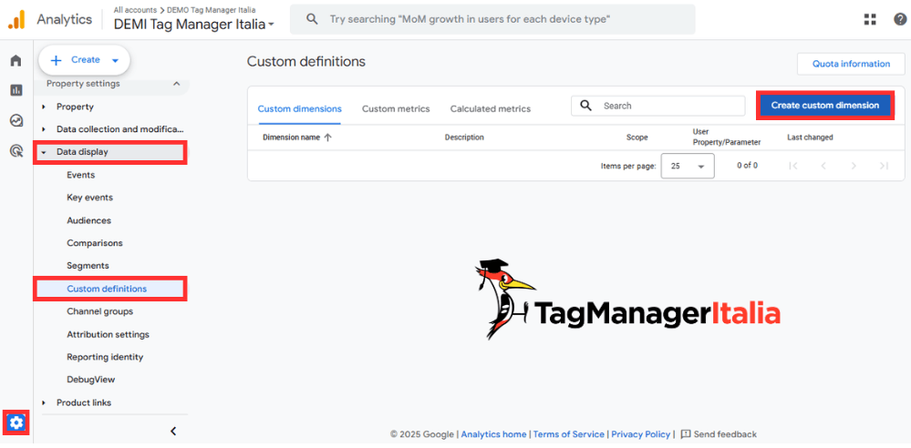 Creazione nuova custom dimension property GA4