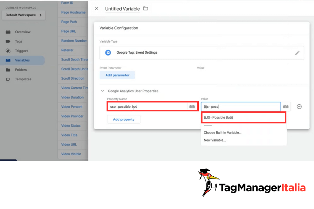 Creazione variabile eventi GA4 in Google Tag Manager tracciamento traffico bot