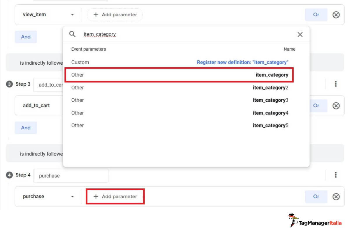 Aggiunta parametro categoria prodotto report funnel conversione GA4