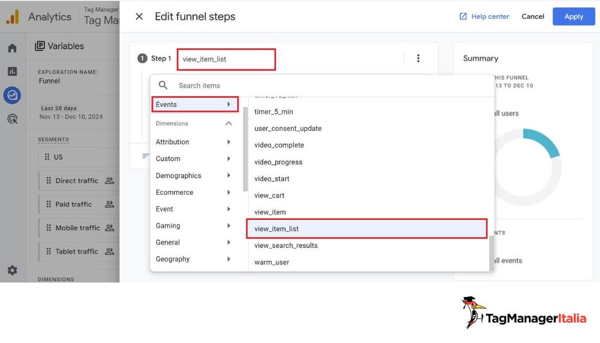 Creazione step 1 funnel conversione report in GA4 - view item list