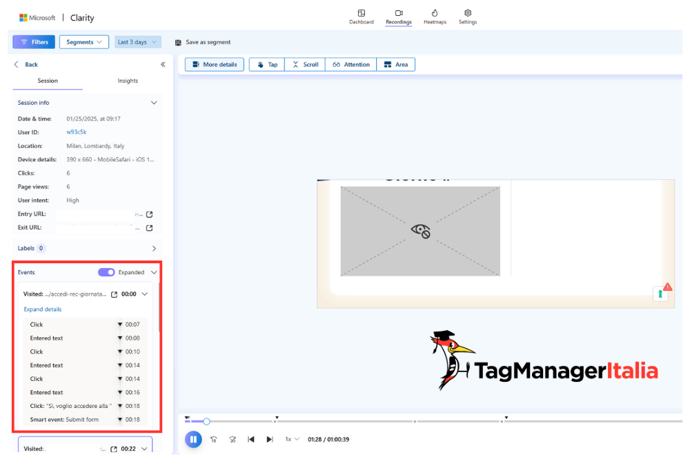 Analisi report eventi tracciamento Clarity session recording utente