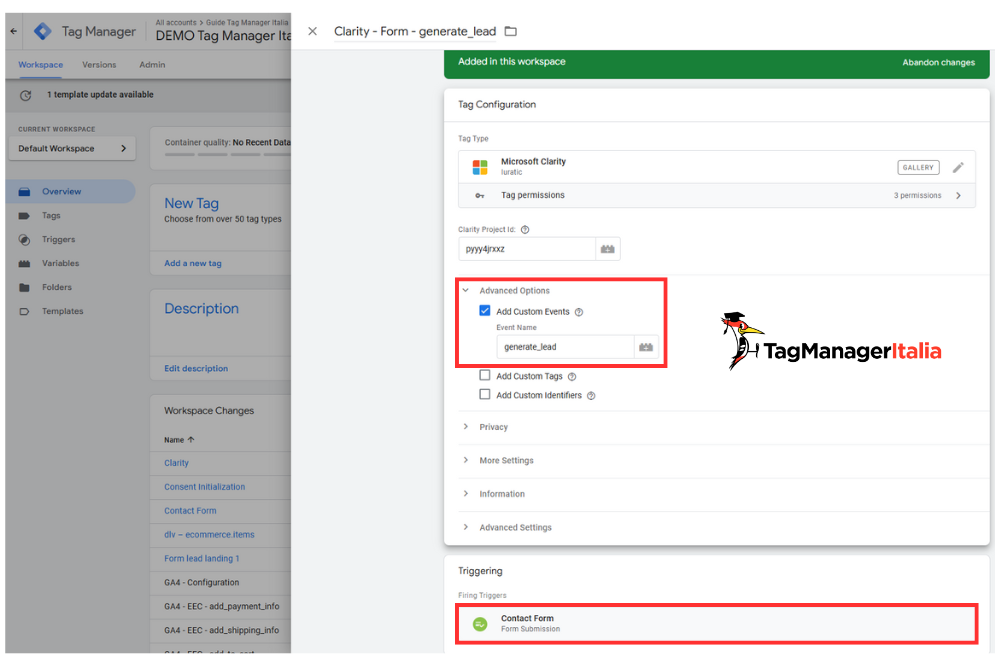 Creazione tag tracciamento generate_lead form landing page con Clarity in Google Tag Manager