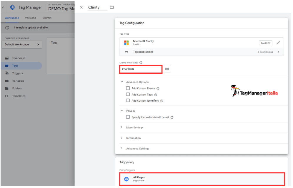 Implementazione codice property Clarity tag configurazione in Google Tag Manager