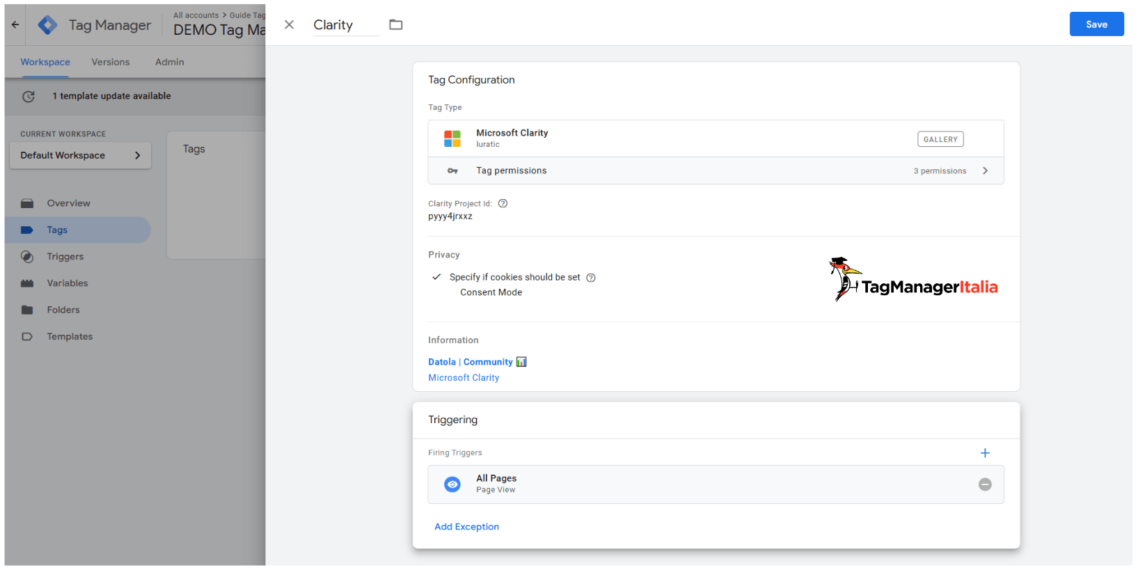 Selezione trigger All pages attivazione tag Clarity in Google Tag Manager